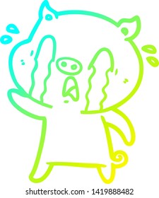 dibujo de línea de gradiente frío de una caricatura de cerdo llorando