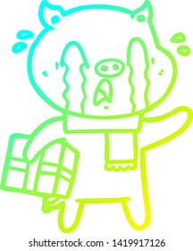 cold gradient line drawing of a crying pig cartoon delivering christmas present