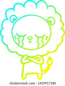 cold gradient line drawing of a crying cartoon lion