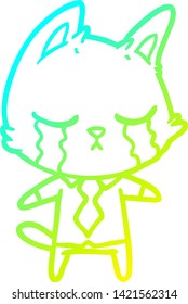 cold gradient line drawing of a crying cartoon office worker cat