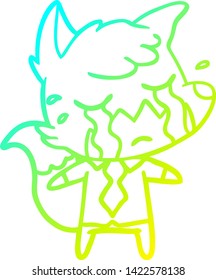 cold gradient line drawing of a crying business fox cartoon