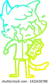 cold gradient line drawing of a crying business fox cartoon