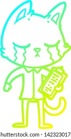 cold gradient line drawing of a crying cartoon business cat