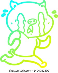 cold gradient line drawing of a crying pig cartoon