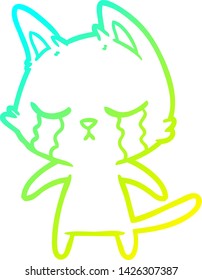 cold gradient line drawing of a crying cartoon cat