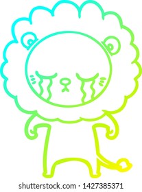 cold gradient line drawing of a crying cartoon lion