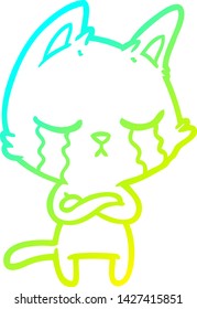 cold gradient line drawing of a crying cartoon cat with folded arms