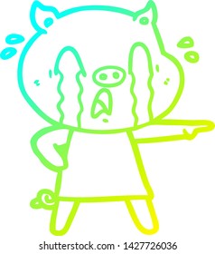 cold gradient line drawing of a crying pig cartoon wearing human clothes