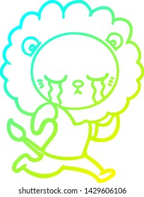 cold gradient line drawing of a crying cartoon lion