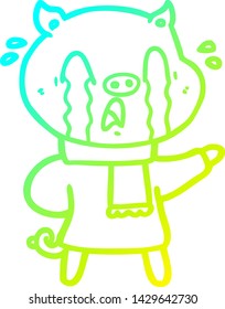 cold gradient line drawing of a crying pig cartoon wearing human clothes