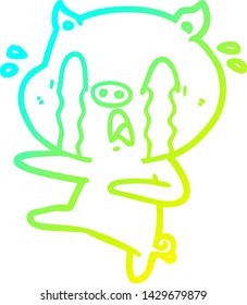desenho de linha de gradiente frio de um desenho animado de porco chorando