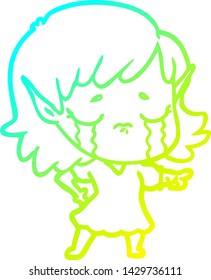 cold gradient line drawing of a crying cartoon elf girl