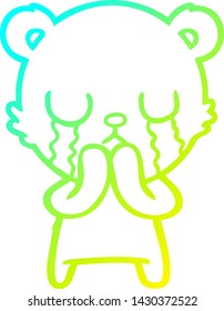 cold gradient line drawing of a crying cartoon bear