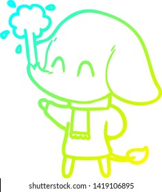 dibujo de una línea de gradiente frío de un tierno elefante de dibujos animados chorreando agua