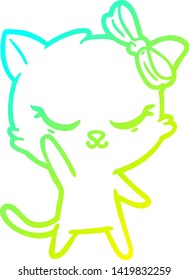 cold gradient line drawing of a cute cartoon cat with bow
