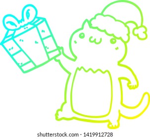 cold gradient line drawing of a cute cartoon christmas cat