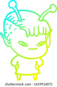 cold gradient line drawing of a cute cartoon alien girl