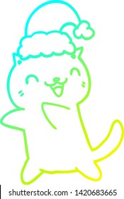 cold gradient line drawing of a cute cartoon christmas cat