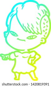 cold gradient line drawing of a cute cartoon girl with hipster haircut