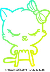 dibujo de línea de gradiente frío de un lindo gato de dibujos animados con arco