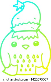 cold gradient line drawing of a cute cartoon owl wearing christmas hat