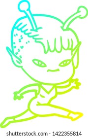 cold gradient line drawing of a cute cartoon alien girl