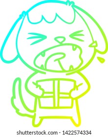 cold gradient line drawing of a cute cartoon dog with christmas present