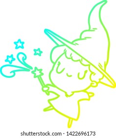 cold gradient line drawing of a cute witch casting spell