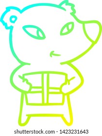 cold gradient line drawing of a cute cartoon polar bear with xmas present
