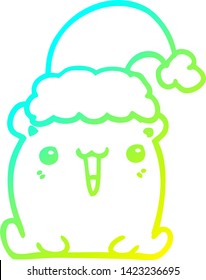 dibujo de una línea de gradiente frío de un lindo oso de dibujos animados con sombrero de navidad