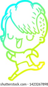 desenho de linha de gradiente frio de uma menina de desenho animado bonito com corte de cabelo hipster