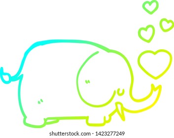 cold gradient line drawing of a cute cartoon elephant with love hearts