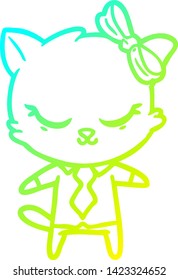 dibujo de línea de degradado frío de un lindo gato de negocios de dibujos animados con arco
