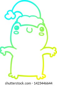dibujo de una linea de gradiente fría de una linda rana de dibujos animados con sombrero de navidad