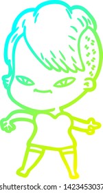cold gradient line drawing of a cute cartoon girl with hipster haircut