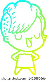 cold gradient line drawing of a cute cartoon girl with hipster haircut