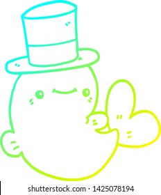 cold gradient line drawing of a cute cartoon whale wearing top hat