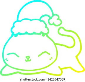 cold gradient line drawing of a cute cartoon christmas cat