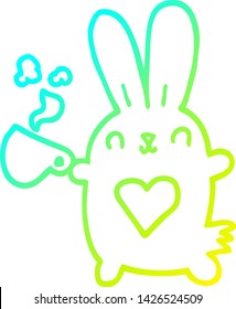 cold gradient line drawing of a cute cartoon rabbit with love heart and coffee cup