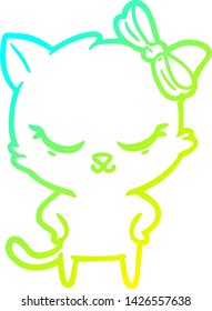 cold gradient line drawing of a cute cartoon cat with bow