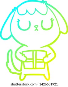 cold gradient line drawing of a cute cartoon dog with christmas present