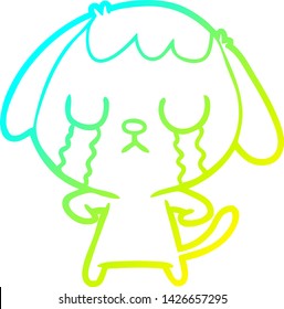 dibujo de una línea de gradiente frío de un perro de dibujos animados lindo llorando