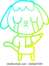 dibujo de una línea de gradiente frío de un perro de dibujos animados lindo llorando