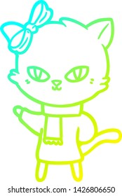 cold gradient line drawing of a cute cartoon cat in winter clothes