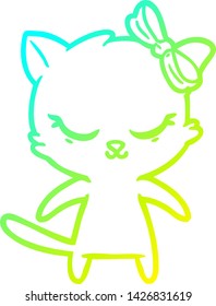 dibujo de línea de gradiente frío de un lindo gato de dibujos animados con arco