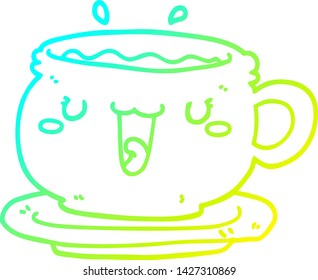 dibujo de línea de gradiente frío de un lindo vaso de dibujos animados y platillo