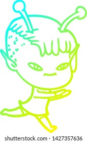 cold gradient line drawing of a cute cartoon alien girl