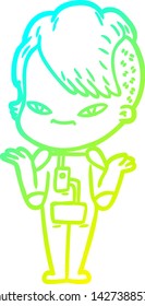 cold gradient line drawing of a cute cartoon girl with hipster haircut