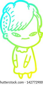 cold gradient line drawing of a cute cartoon girl with hipster haircut