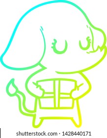 cold gradient line drawing of a cute cartoon elephant with gift